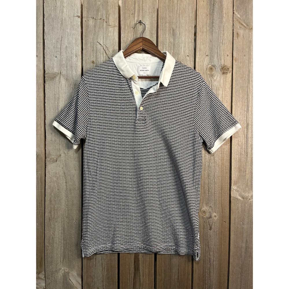 Peter Werth London Mens Elmworth Polo Shirt Navy White Striped Cotton Size M